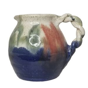 Handmade Pottery Pitcher 6" with Braided Handle‎ Blue Brown Green Speckled Glaze